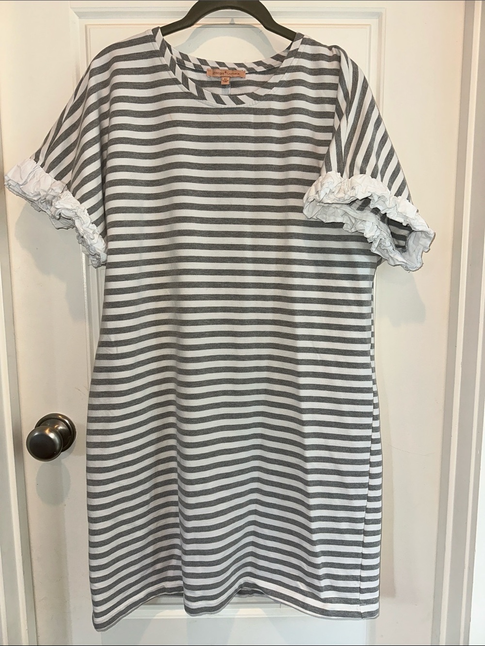 Gibson Latimer Gray and White Striped Ruffle Sleeve Mini Dress